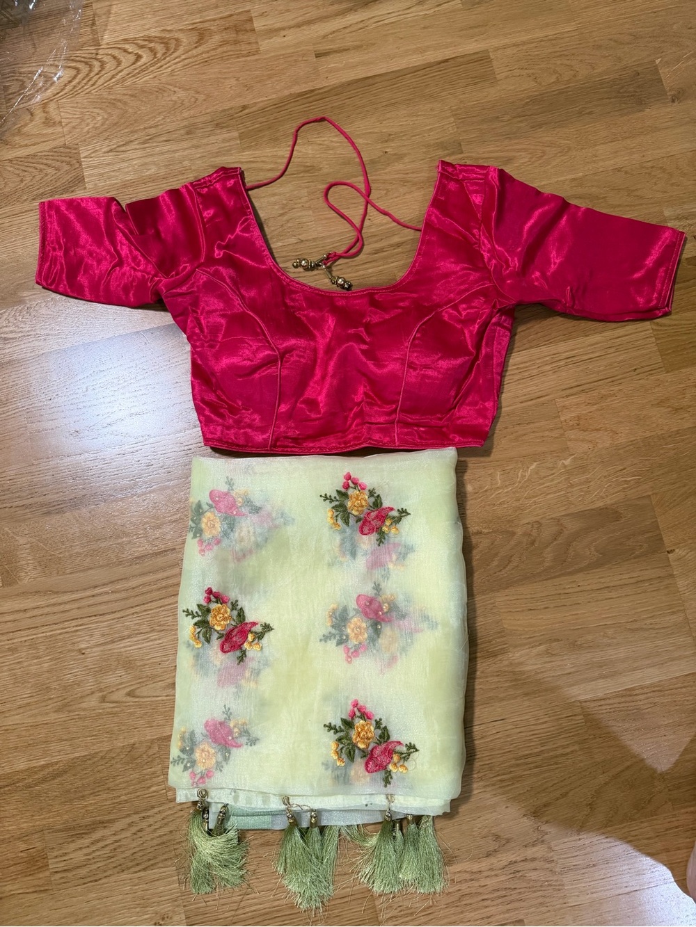 Light Green Floral Saree Dress with Red/pink Accent and Blouse